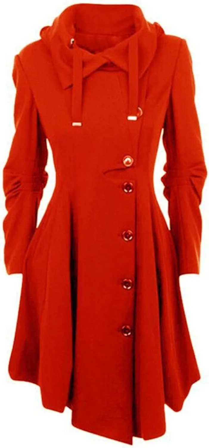 Maiyifu-GJ Womens Single Breasted Hooded Trench Coat Long Sleeve Wool Blend Dress Coats Fall Winter Mid Long Overcoat