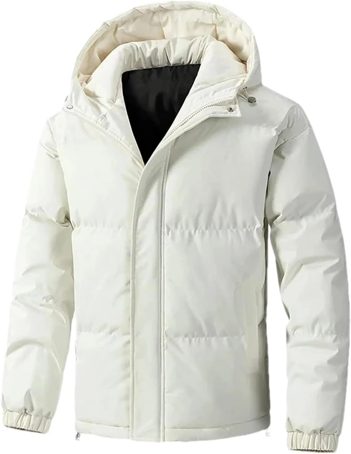 Men Hooded Solid Stand Collar Cotton-Padded Thick Warm Casual Button Zipper Parka Coat