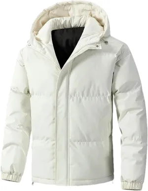 Men Hooded Solid Stand Collar Cotton-Padded Thick Warm Casual Button Zipper Parka Coat