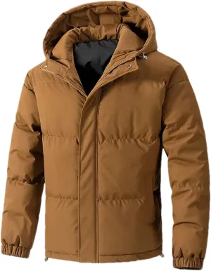 Men Hooded Solid Stand Collar Cotton-Padded Thick Warm Casual Button Zipper Parka Coat