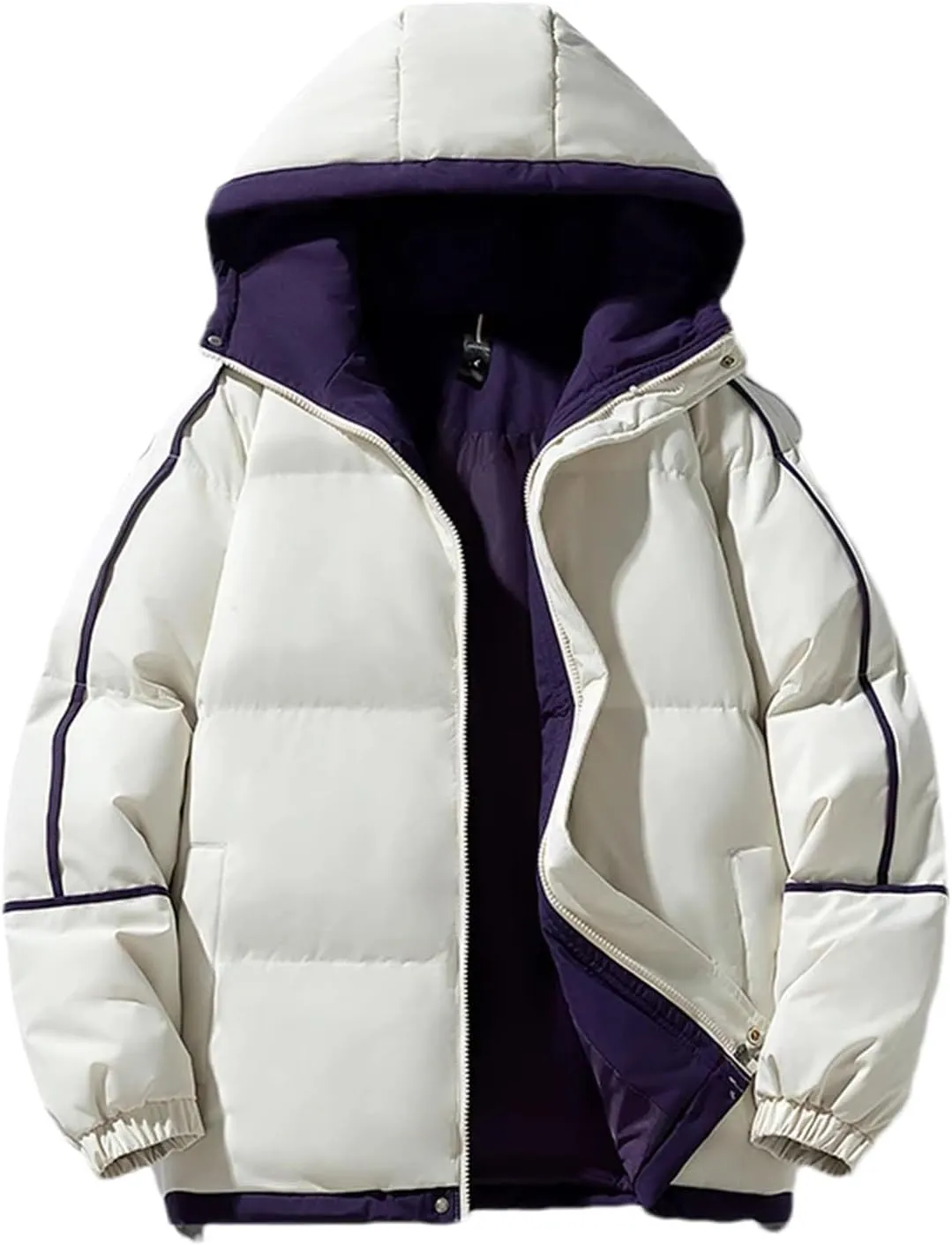 Men Hooded Stand Collar Cotton-Padded Thick Warm Casual Patchwork Long Sleeve Parka Coat
