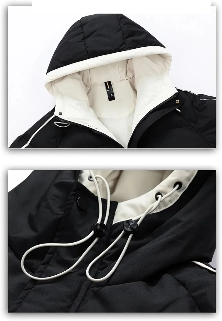 Men Hooded Stand Collar Cotton-Padded Thick Warm Casual Patchwork Long Sleeve Parka Coat