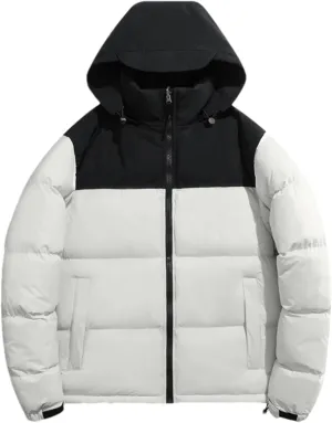 Men Hooded Stand Collar Patchwork Cotton-Padded Warm Casual Long Sleeve Zipper Parka Coat