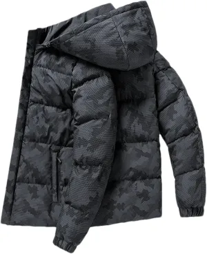 Men Hooded Stand Collar Solid Printing Cotton-Padded Thick Warm Casual Parka Coat