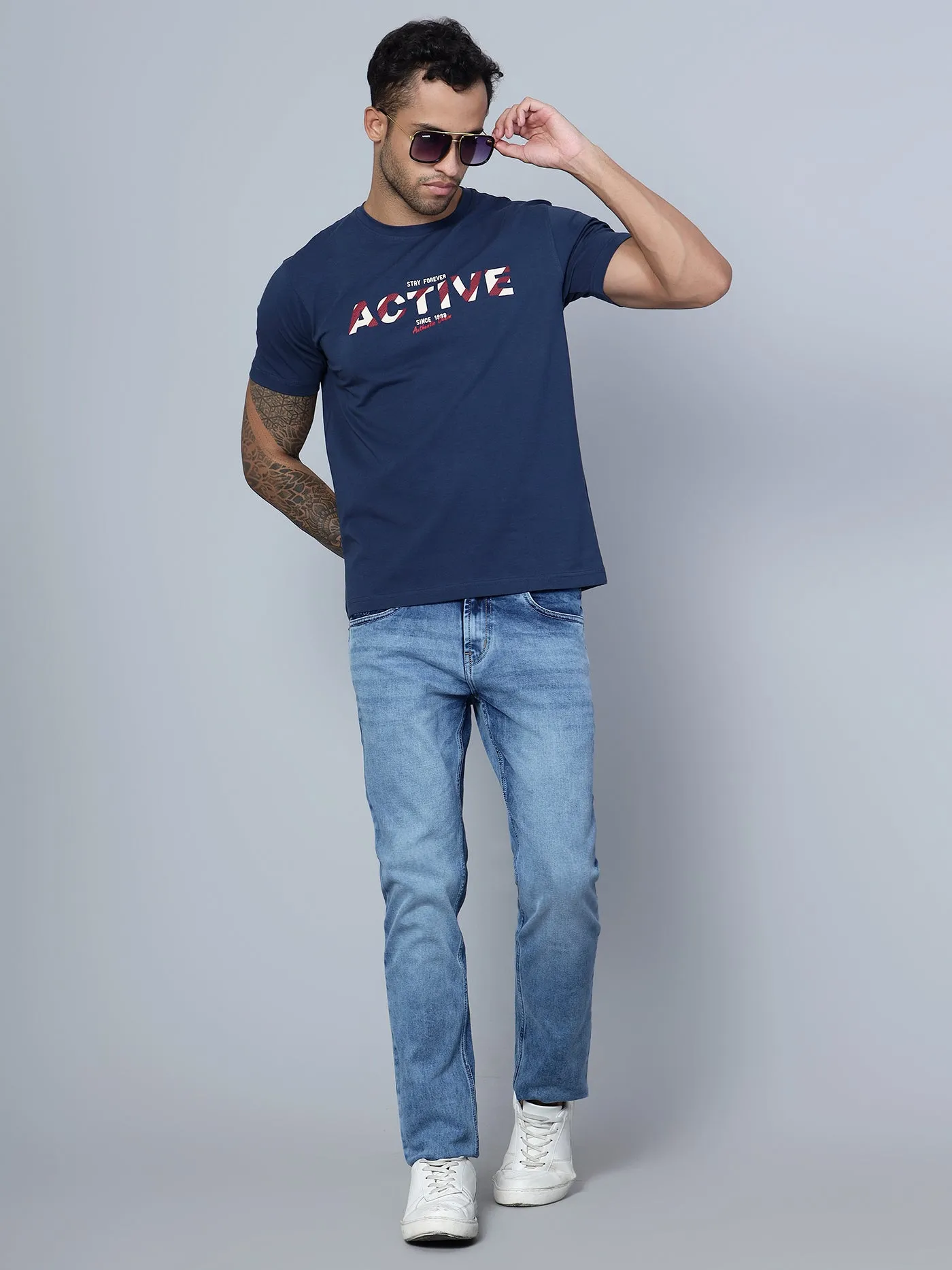 Men Round Neck Blue T-Shirt