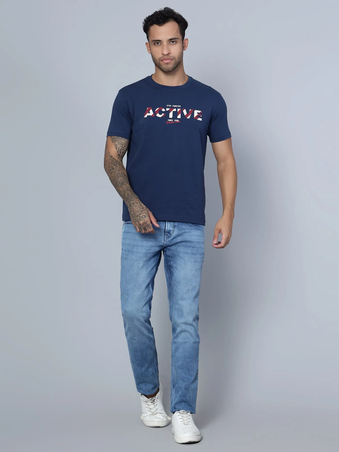 Men Round Neck Blue T-Shirt