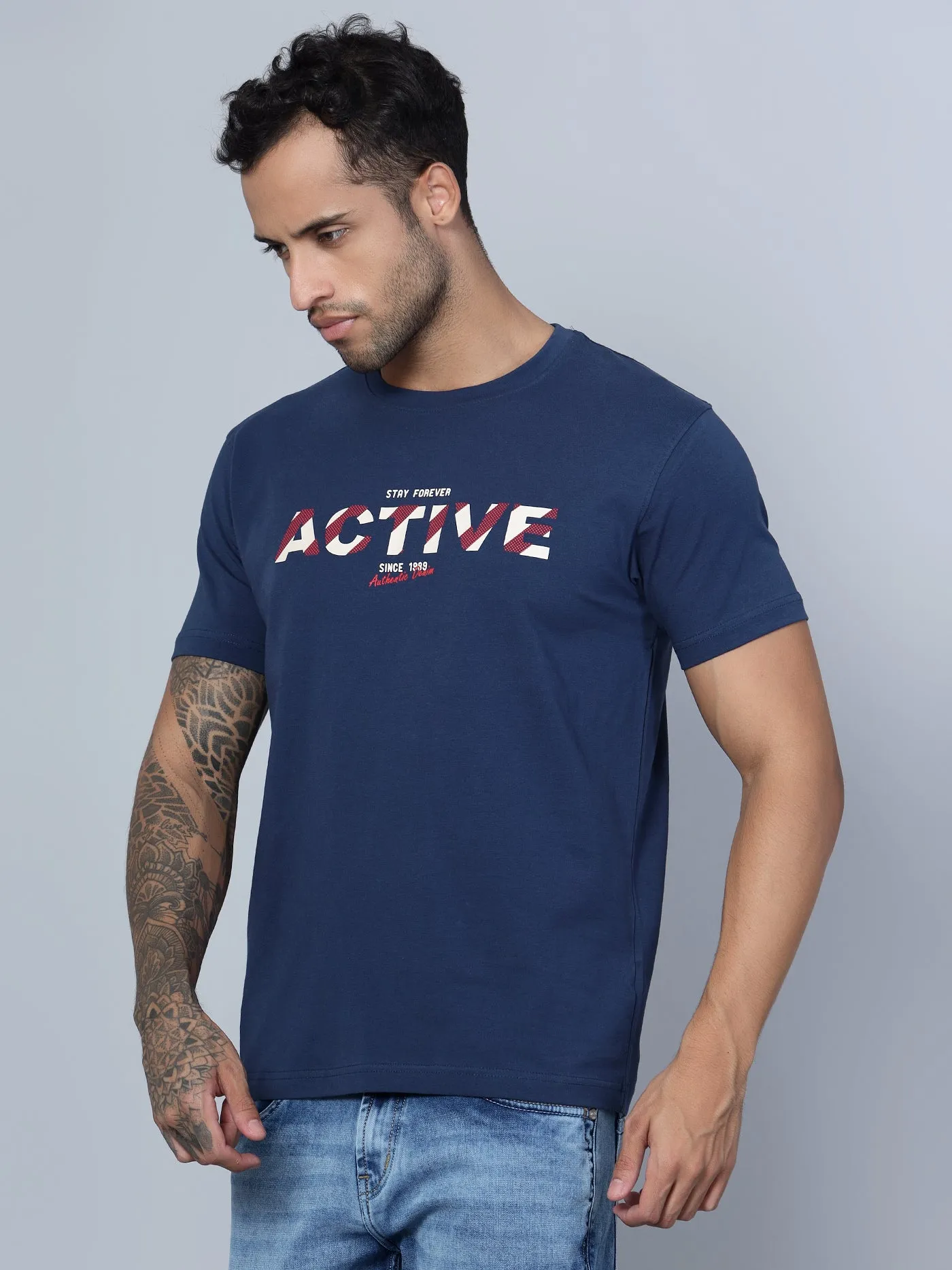 Men Round Neck Blue T-Shirt