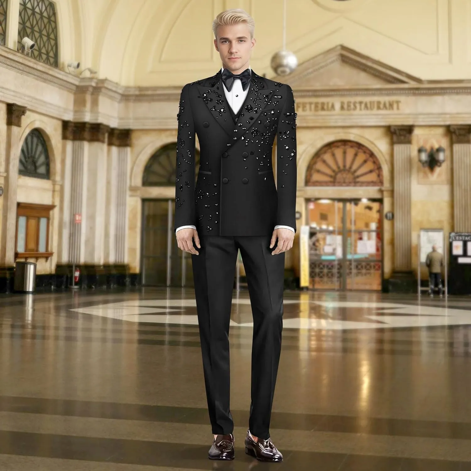 Men's 2 Piece Double Breasted Suits Slim Fit Tuxedo Jacket and Dress Pants Set for Wedding Business Prom Suits