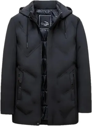 Men's Drawstring Hooded Stand Collar Cotton-Padded Thick And Warm Casual Parka Coat
