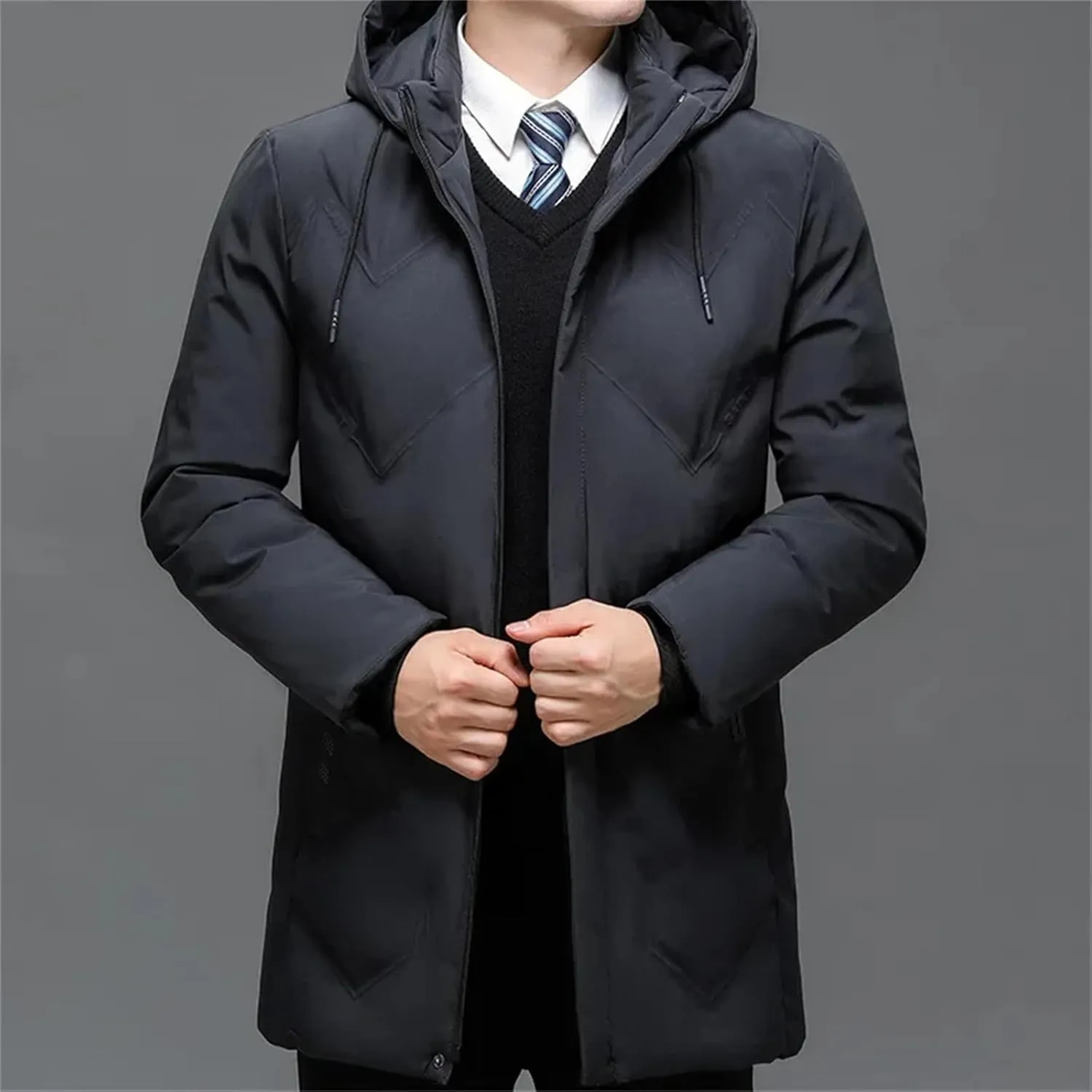Men's Drawstring Hooded Stand Collar Cotton-Padded Thick And Warm Casual Parka Coat