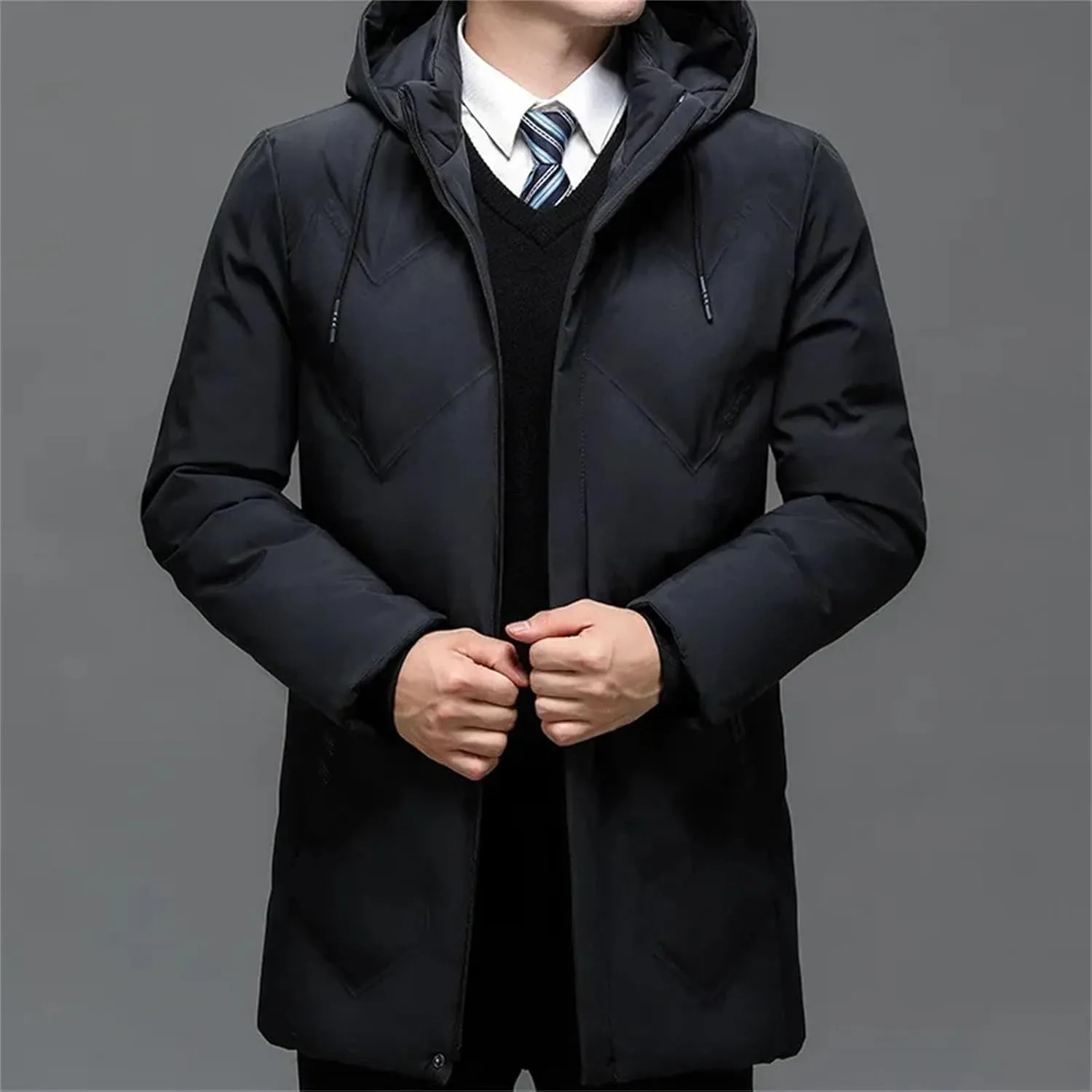Men's Drawstring Hooded Stand Collar Cotton-Padded Thick And Warm Casual Parka Coat