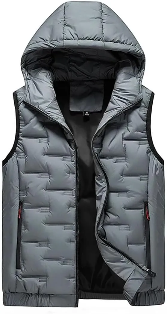 Mens Hooded Coats Sleeveless Jacket Down Vest Warm Thick Cotton-Padded