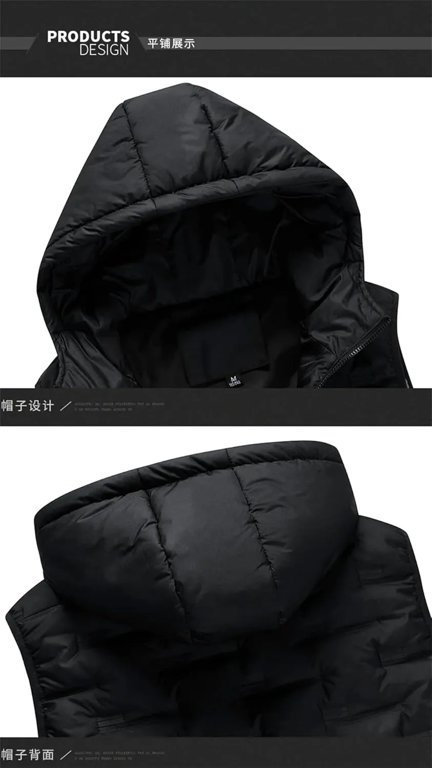 Mens Hooded Coats Sleeveless Jacket Down Vest Warm Thick Cotton-Padded