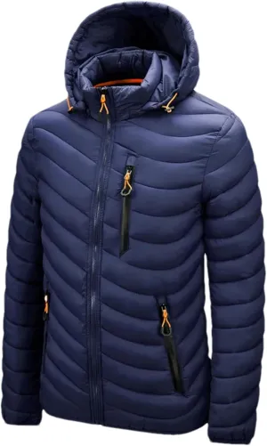 Men's Hooded Stand Collar Zipper Cotton-Padded Thickened Warm Casual Multi Pocket Parka Coat