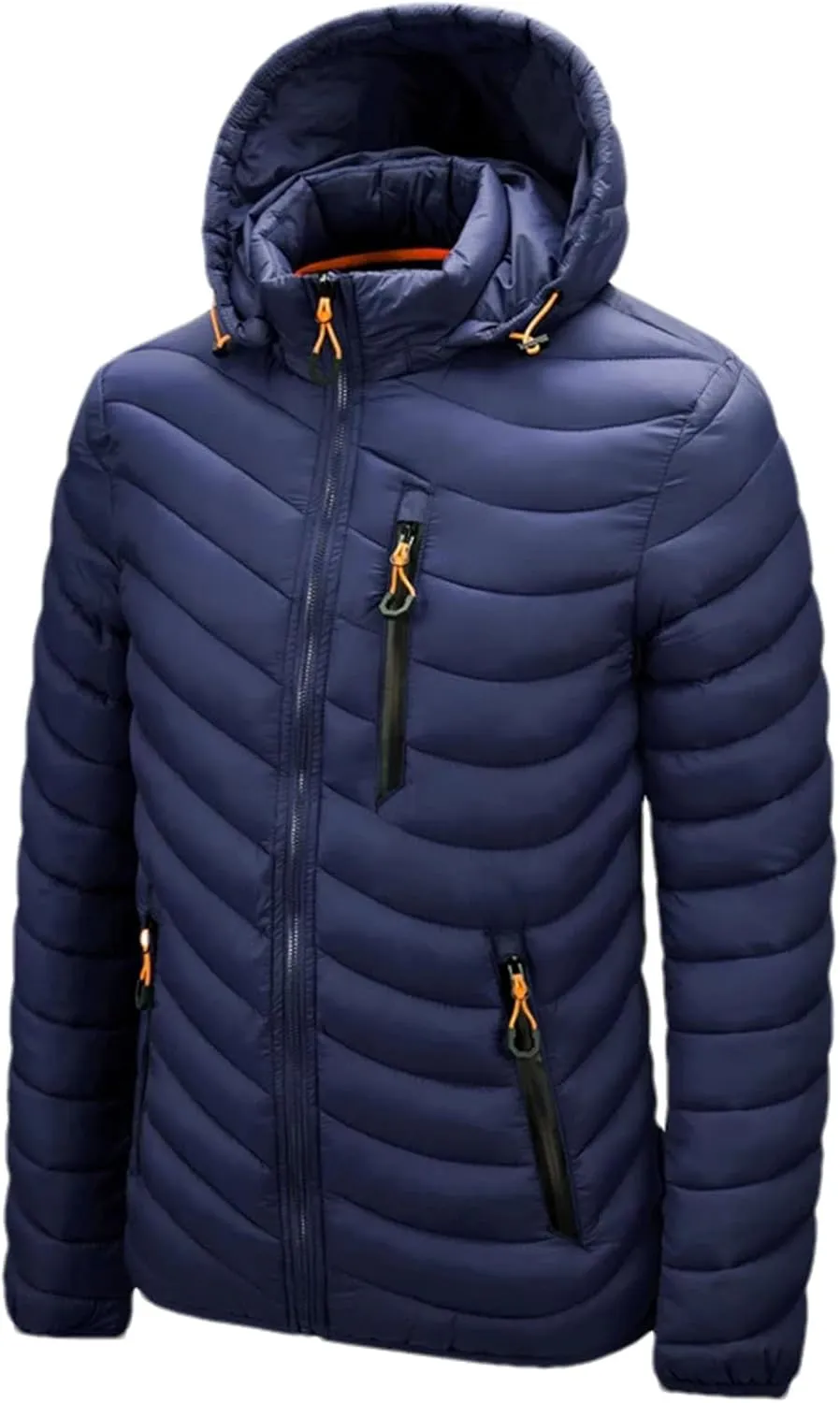 Men's Hooded Stand Collar Zipper Cotton-Padded Thickened Warm Casual Multi Pocket Parka Coat