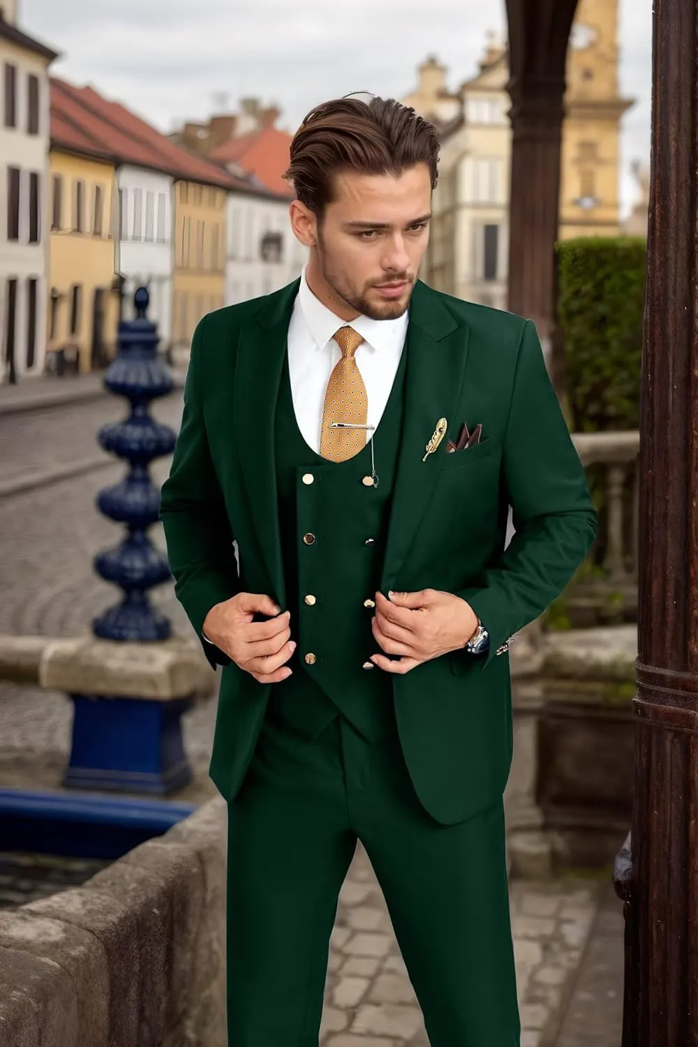 Men's Suits 3 Piece Slim Fit Tuxedo Suit One Button Double Breasted Men Wedding Prom Homecoming Suits Blazer Vest Pants