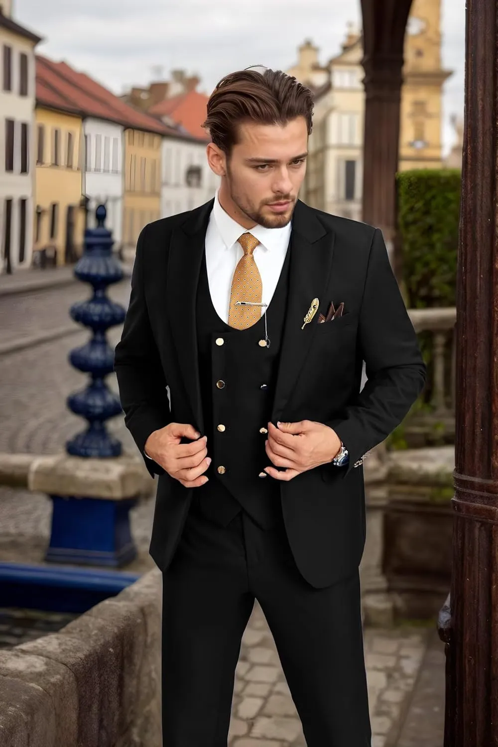 Men's Suits 3 Piece Slim Fit Tuxedo Suit One Button Double Breasted Men Wedding Prom Homecoming Suits Blazer Vest Pants