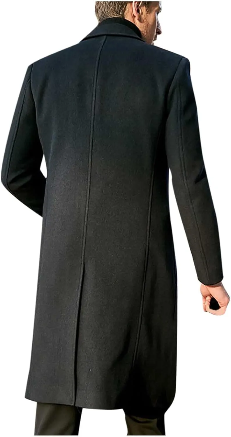 Mens Trench Coat-Slim Fit Notched Lapel Fall Winter Single Breasted Pea Coat Warm Business Long Jacket Overcoat