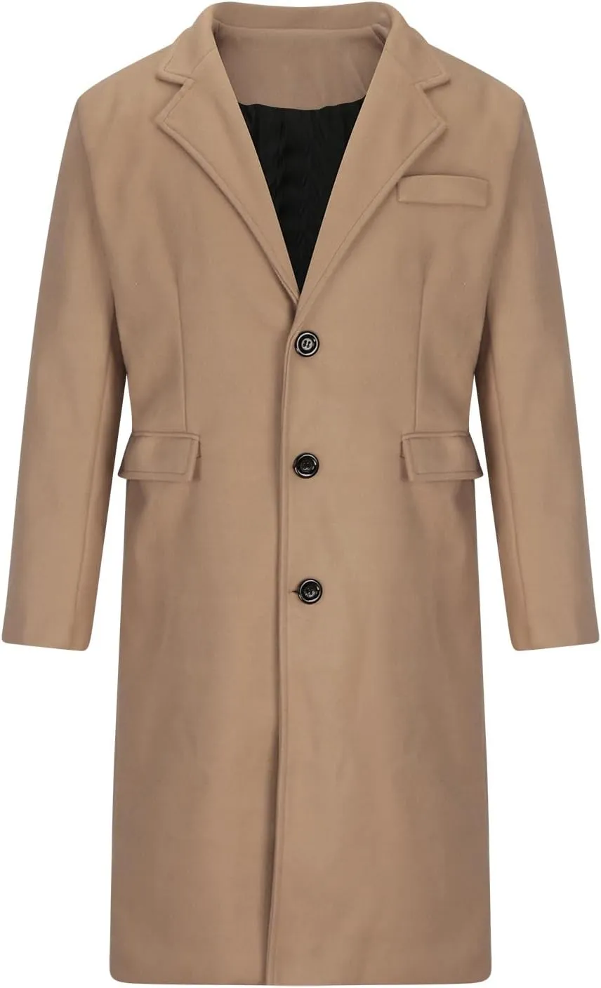 Mens Trench Coat-Slim Fit Notched Lapel Fall Winter Single Breasted Pea Coat Warm Business Long Jacket Overcoat