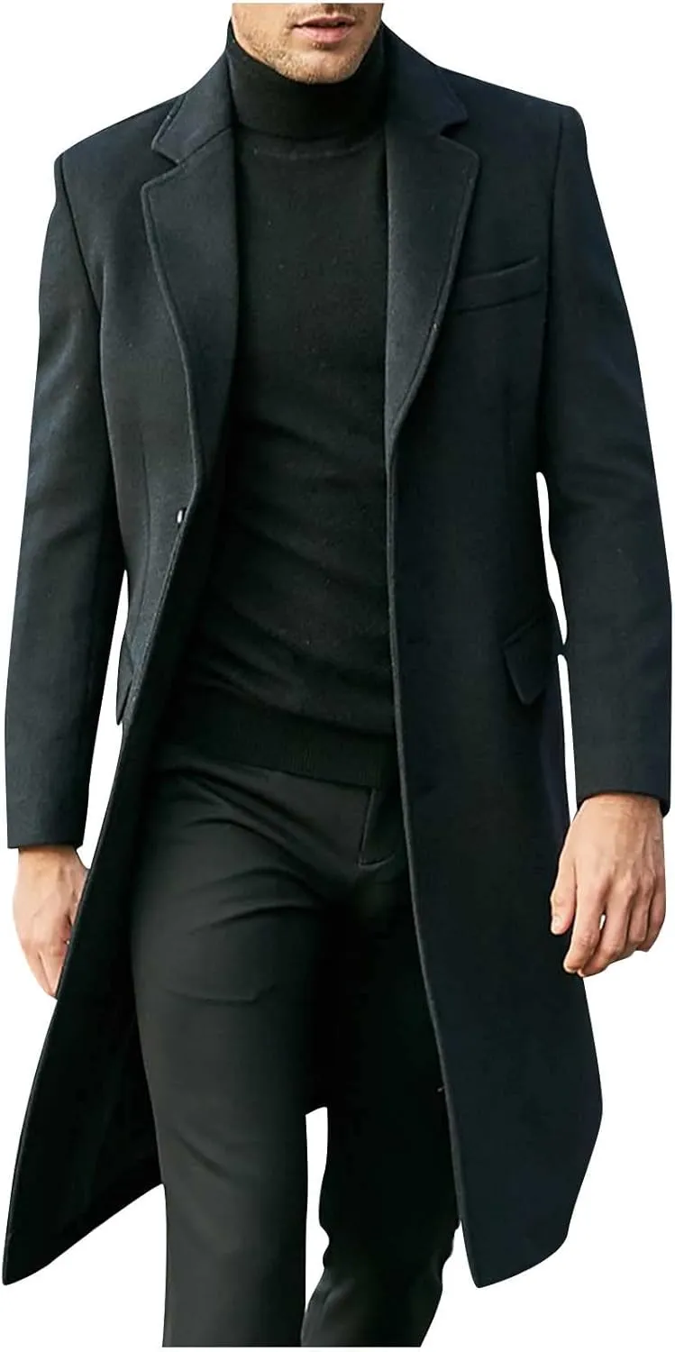 Mens Trench Coat-Slim Fit Notched Lapel Fall Winter Single Breasted Pea Coat Warm Business Long Jacket Overcoat