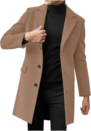 Mens Trench Coat-Slim Fit Notched Lapel Fall Winter Single Breasted Pea Coat Warm Business Long Jacket Overcoat
