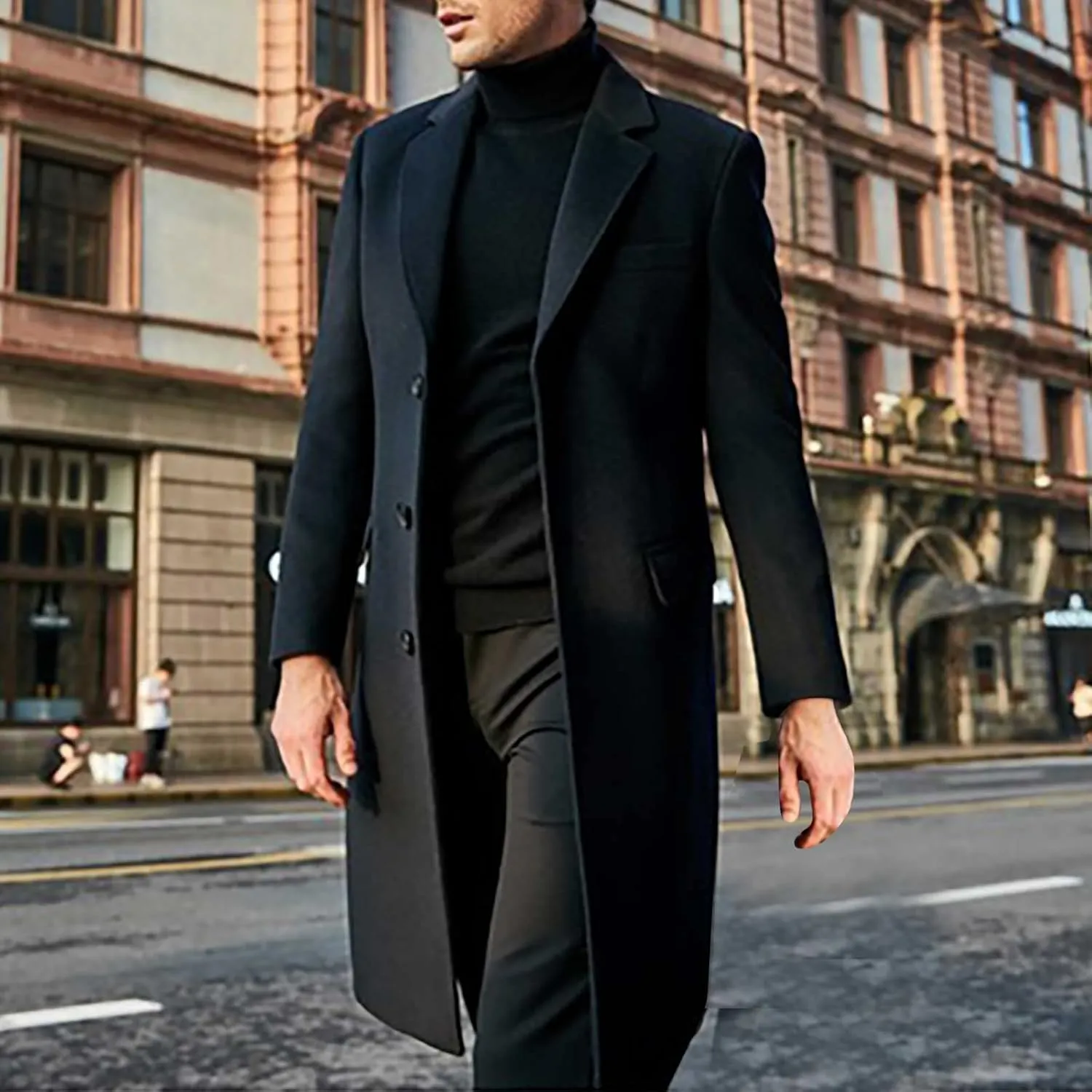Mens Trench Coat-Slim Fit Notched Lapel Fall Winter Single Breasted Pea Coat Warm Business Long Jacket Overcoat