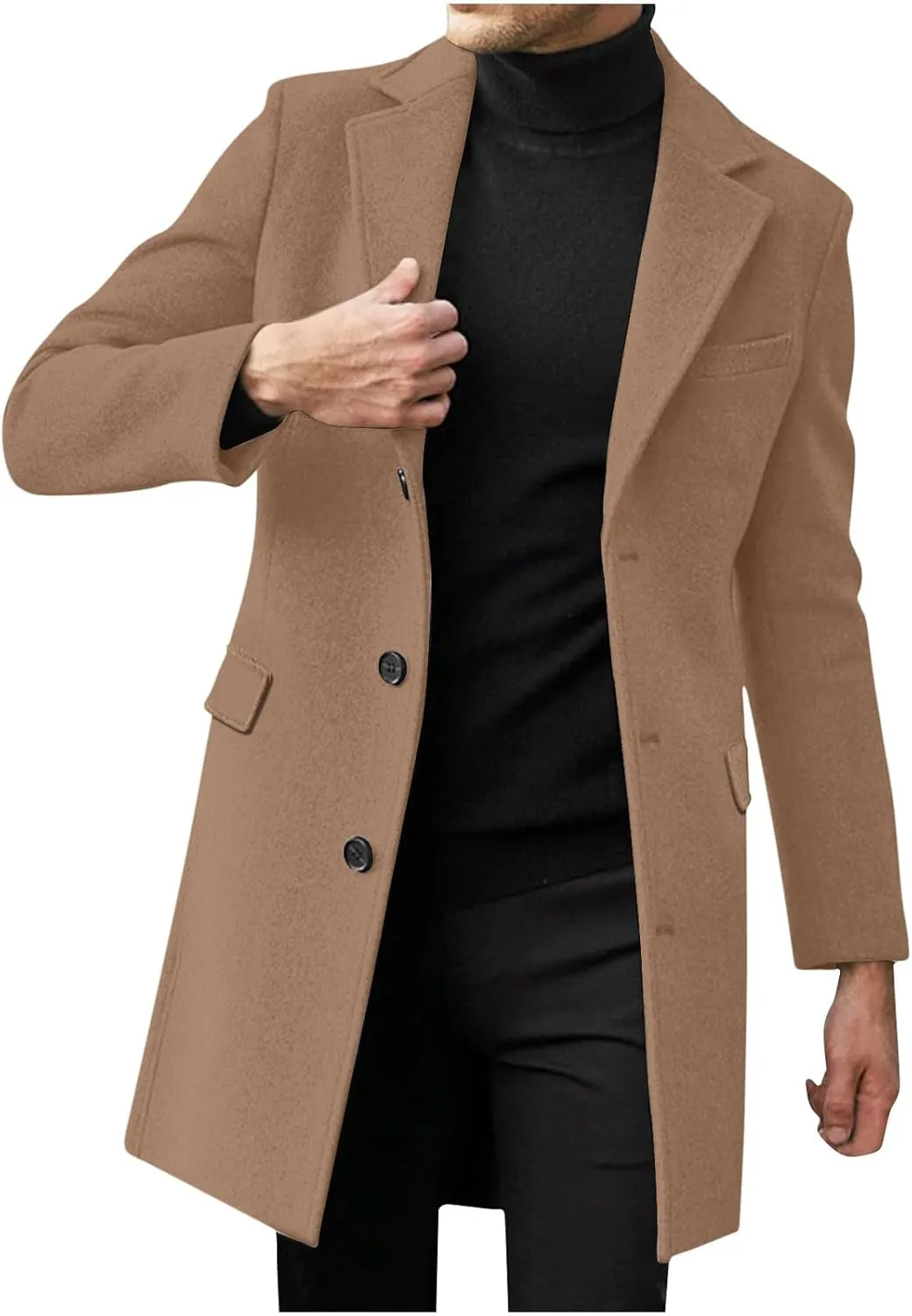 Mens Trench Coat-Slim Fit Notched Lapel Fall Winter Single Breasted Pea Coat Warm Business Long Jacket Overcoat