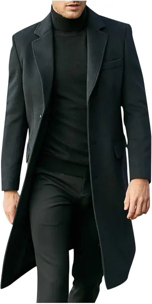 Mens Trench Coat-Slim Fit Notched Lapel Fall Winter Single Breasted Pea Coat Warm Business Long Jacket Overcoat
