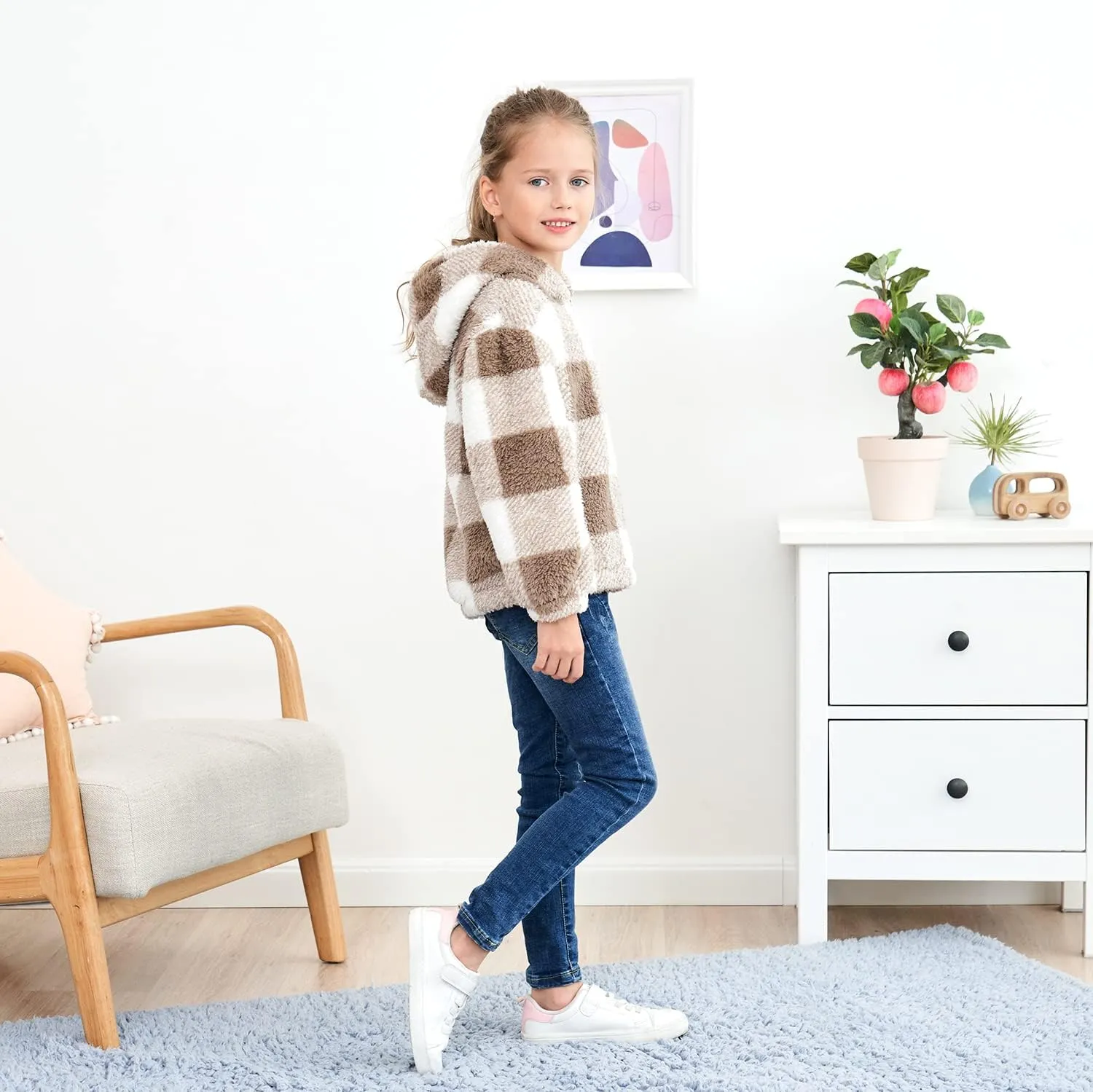 MODAFANS Girls Buffalo Plaid Fleece Hoodies Pullover Teddy Bear Jacket Sweatshirt Casual Outwear Coat with Pockets 4-13Years