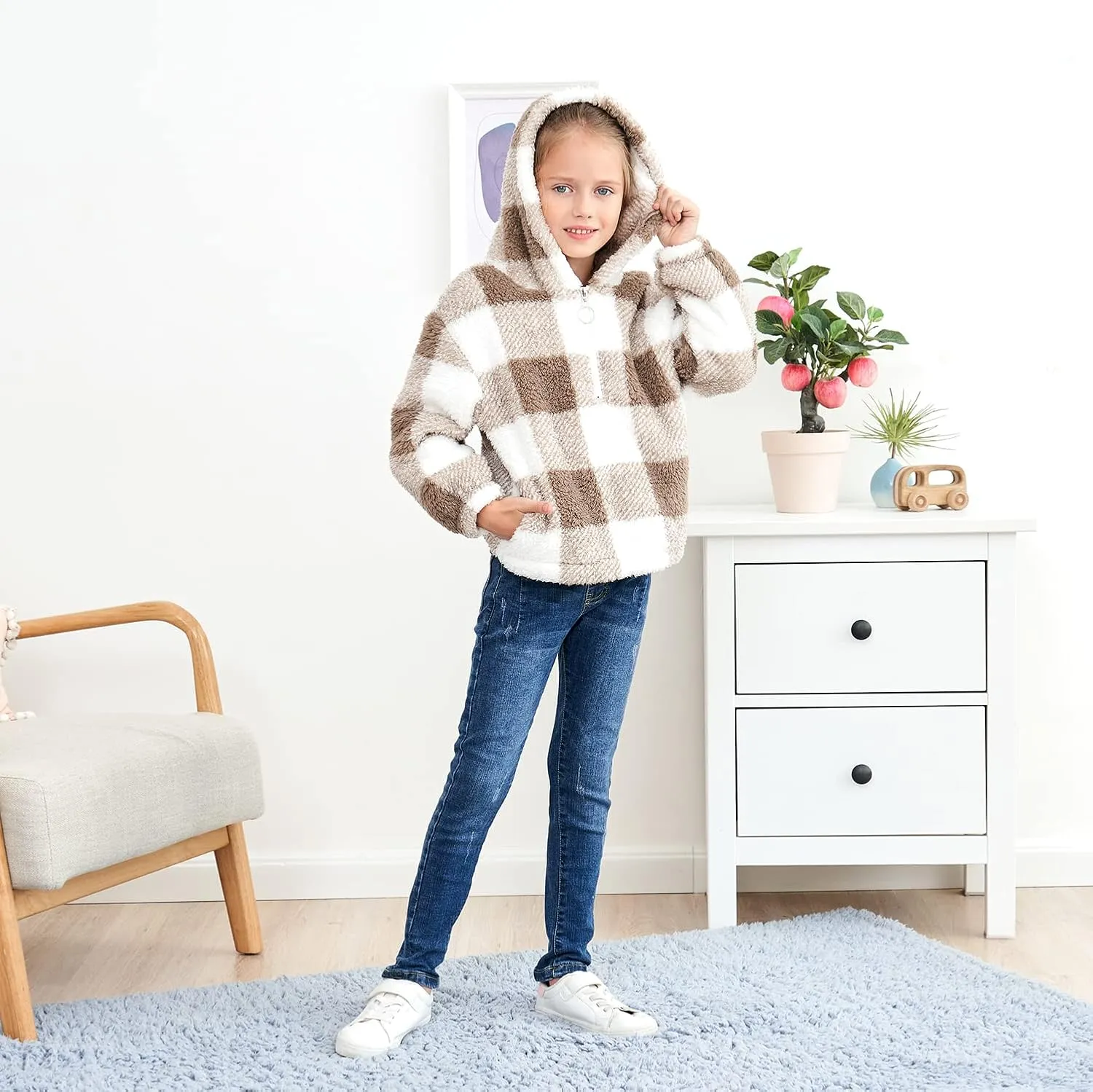 MODAFANS Girls Buffalo Plaid Fleece Hoodies Pullover Teddy Bear Jacket Sweatshirt Casual Outwear Coat with Pockets 4-13Years
