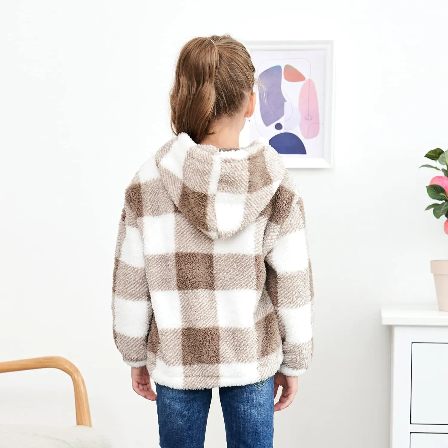 MODAFANS Girls Buffalo Plaid Fleece Hoodies Pullover Teddy Bear Jacket Sweatshirt Casual Outwear Coat with Pockets 4-13Years