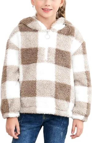 MODAFANS Girls Buffalo Plaid Fleece Hoodies Pullover Teddy Bear Jacket Sweatshirt Casual Outwear Coat with Pockets 4-13Years