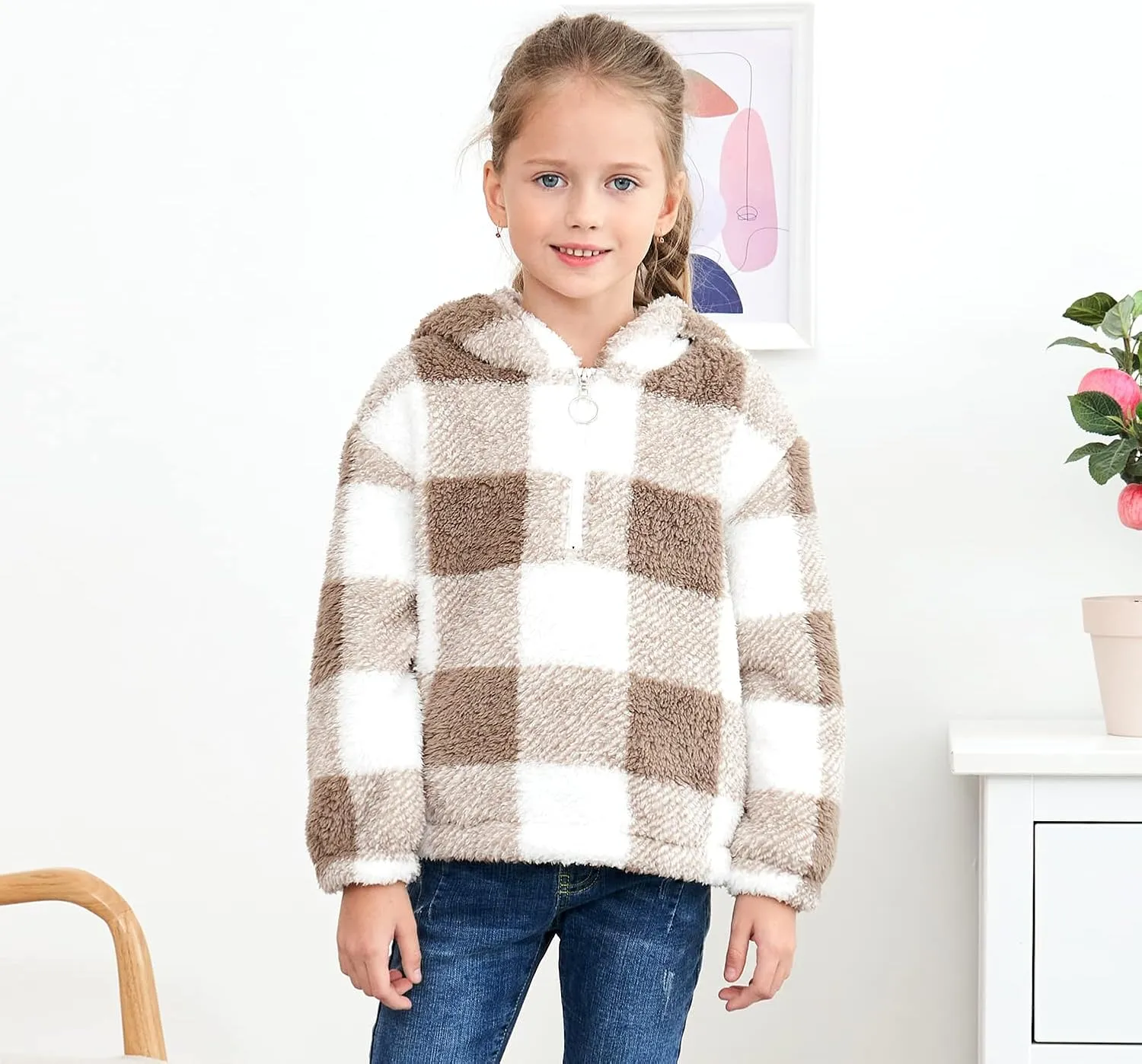 MODAFANS Girls Buffalo Plaid Fleece Hoodies Pullover Teddy Bear Jacket Sweatshirt Casual Outwear Coat with Pockets 4-13Years