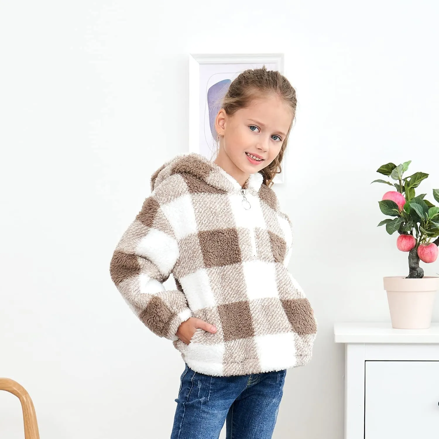 MODAFANS Girls Buffalo Plaid Fleece Hoodies Pullover Teddy Bear Jacket Sweatshirt Casual Outwear Coat with Pockets 4-13Years