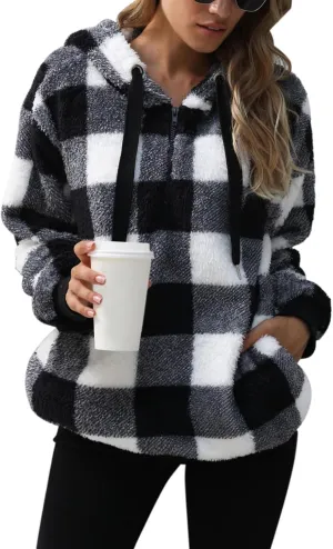 Nirovien Womens Sherpa Pullover Oversized Fuzzy Hoodie Double Fleece Sweatshirts Fluffy Plaid Outerwear Warm Coats