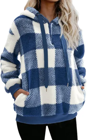 Nirovien Womens Sherpa Pullover Oversized Fuzzy Hoodie Double Fleece Sweatshirts Fluffy Plaid Outerwear Warm Coats