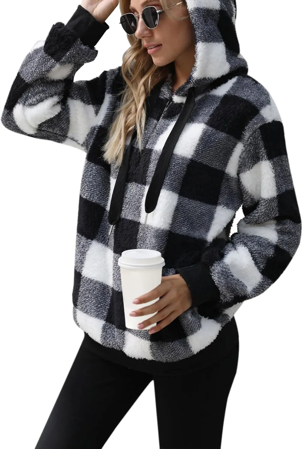 Nirovien Womens Sherpa Pullover Oversized Fuzzy Hoodie Double Fleece Sweatshirts Fluffy Plaid Outerwear Warm Coats