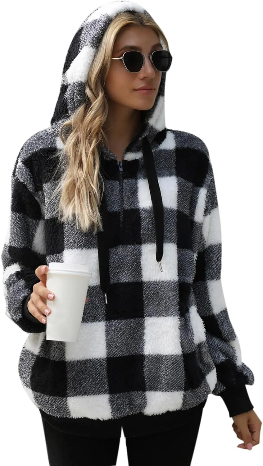 Nirovien Womens Sherpa Pullover Oversized Fuzzy Hoodie Double Fleece Sweatshirts Fluffy Plaid Outerwear Warm Coats