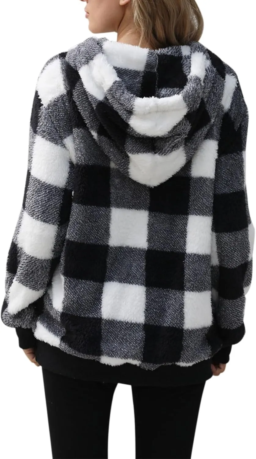 Nirovien Womens Sherpa Pullover Oversized Fuzzy Hoodie Double Fleece Sweatshirts Fluffy Plaid Outerwear Warm Coats