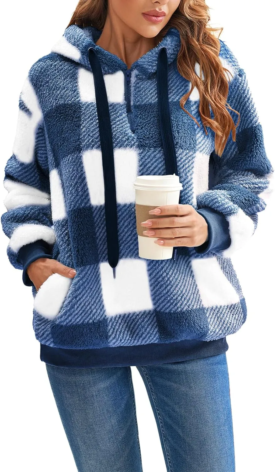 Nirovien Womens Sherpa Pullover Oversized Fuzzy Hoodie Double Fleece Sweatshirts Fluffy Plaid Outerwear Warm Coats