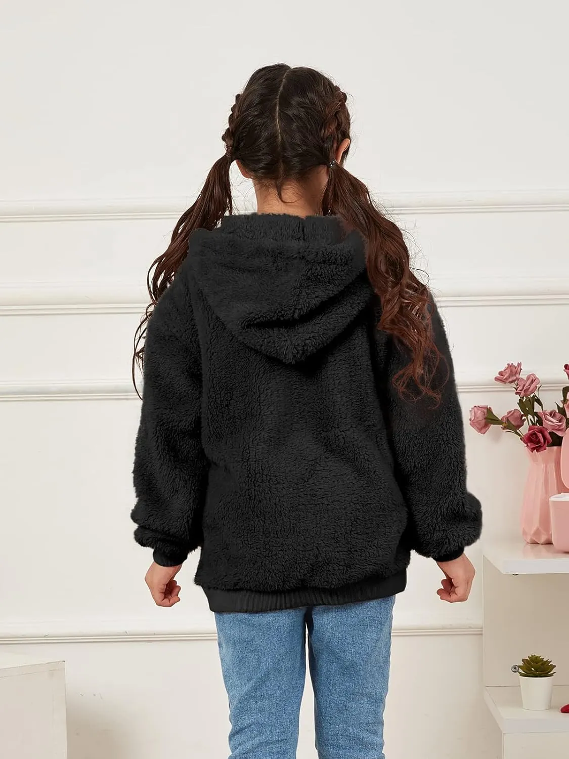 Ofenbuy Kids Girl's Fuzzy Hoodies Zipper Warm Loose Sherpa Hooded Sweatshirt Pullover With Pockets