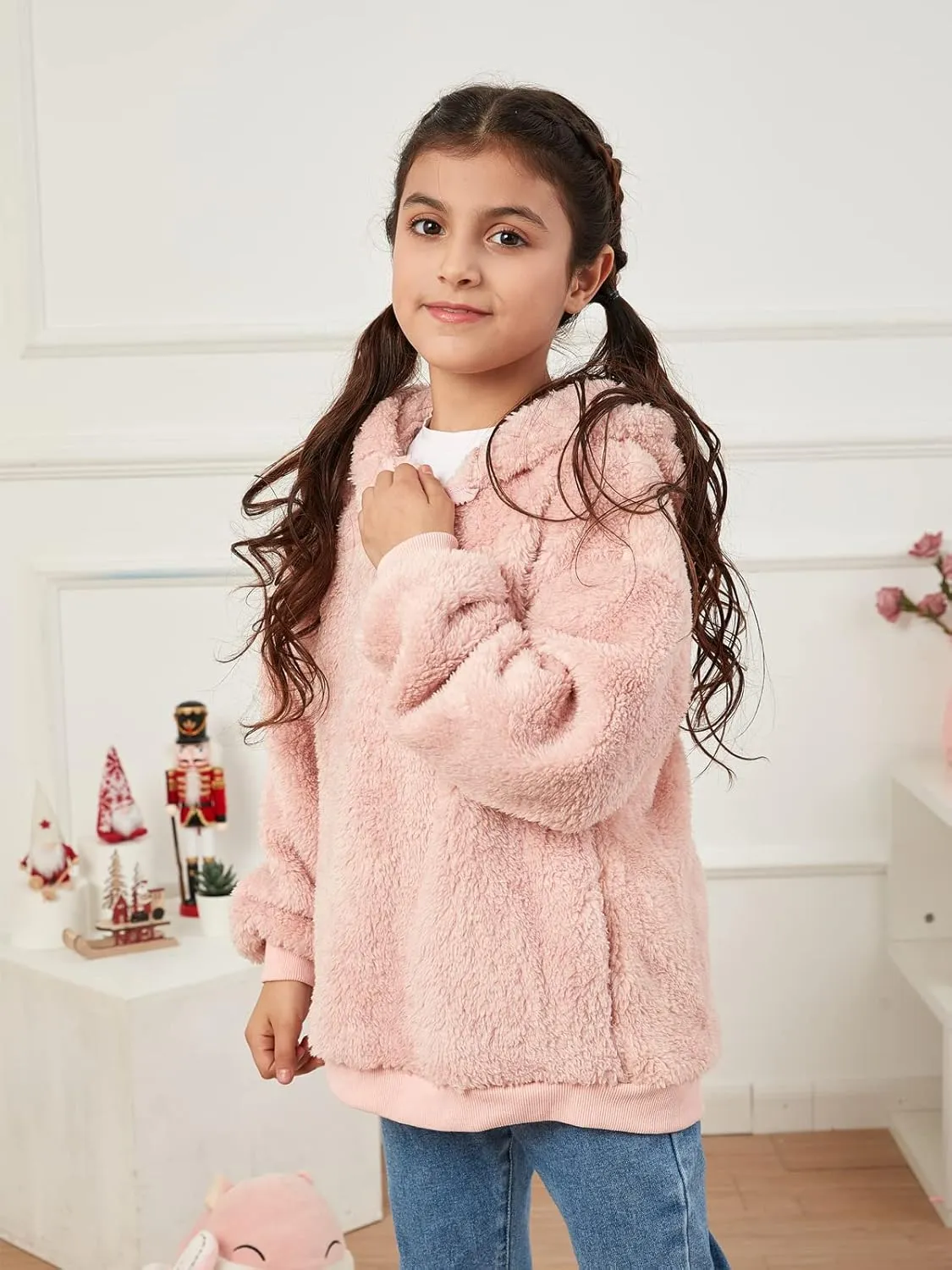 Ofenbuy Kids Girl's Fuzzy Hoodies Zipper Warm Loose Sherpa Hooded Sweatshirt Pullover With Pockets