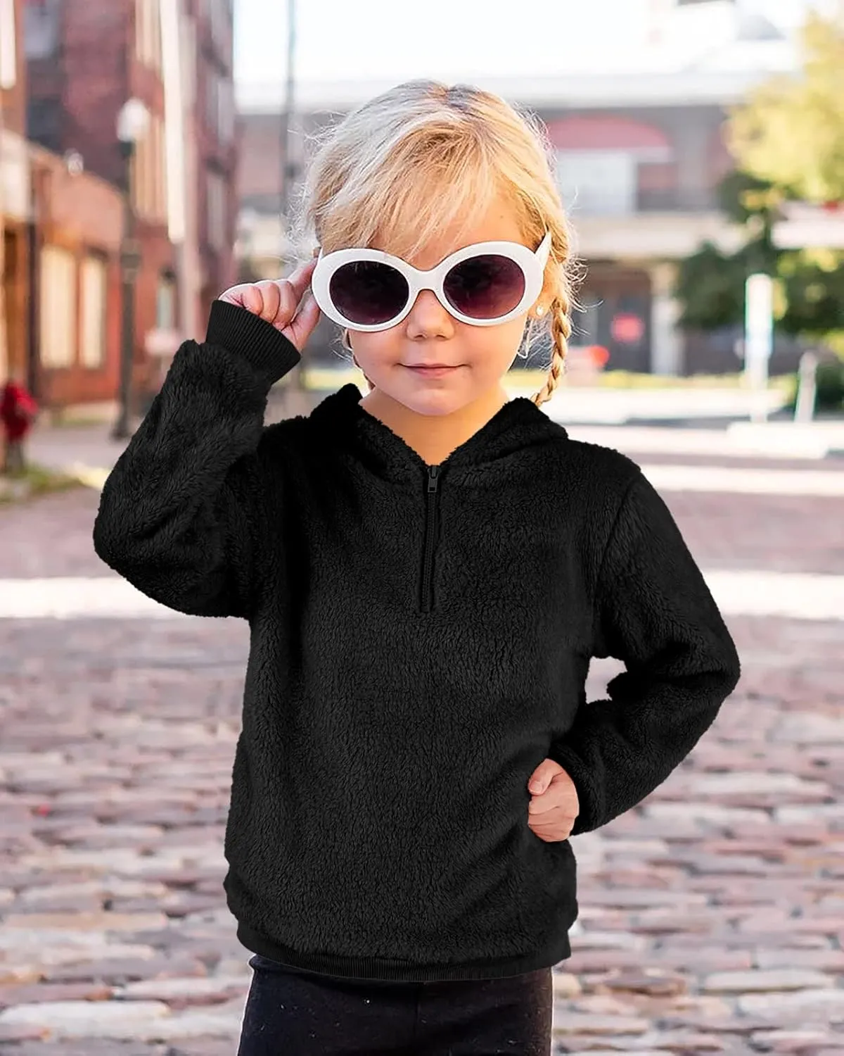 Ofenbuy Kids Girl's Fuzzy Hoodies Zipper Warm Loose Sherpa Hooded Sweatshirt Pullover With Pockets