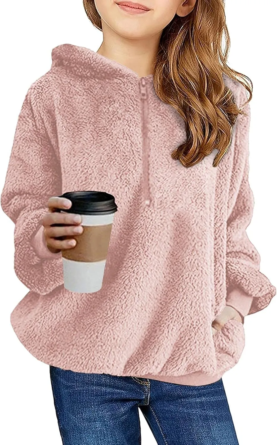 Ofenbuy Kids Girl's Fuzzy Hoodies Zipper Warm Loose Sherpa Hooded Sweatshirt Pullover With Pockets