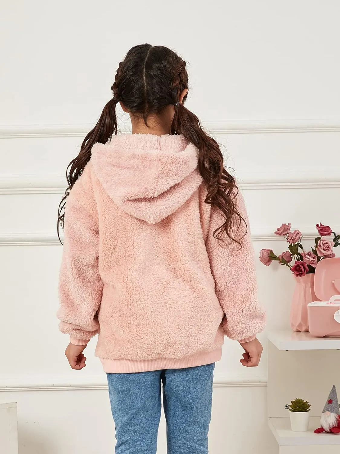 Ofenbuy Kids Girl's Fuzzy Hoodies Zipper Warm Loose Sherpa Hooded Sweatshirt Pullover With Pockets