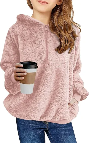 Ofenbuy Kids Girl's Fuzzy Hoodies Zipper Warm Loose Sherpa Hooded Sweatshirt Pullover With Pockets