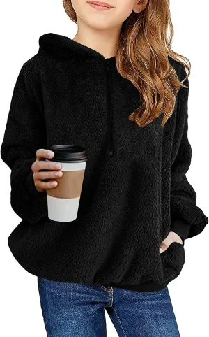 Ofenbuy Kids Girl's Fuzzy Hoodies Zipper Warm Loose Sherpa Hooded Sweatshirt Pullover With Pockets