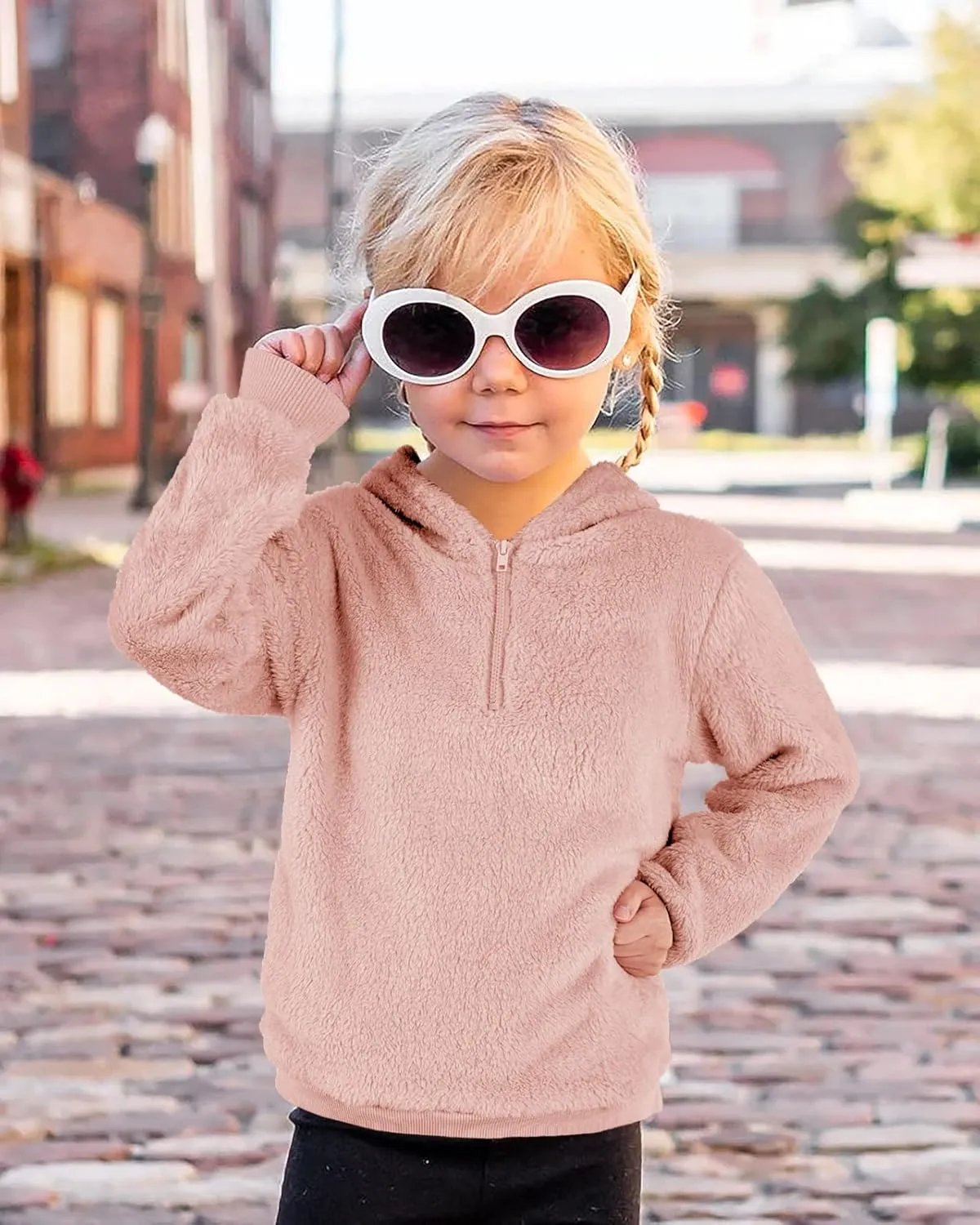 Ofenbuy Kids Girl's Fuzzy Hoodies Zipper Warm Loose Sherpa Hooded Sweatshirt Pullover With Pockets
