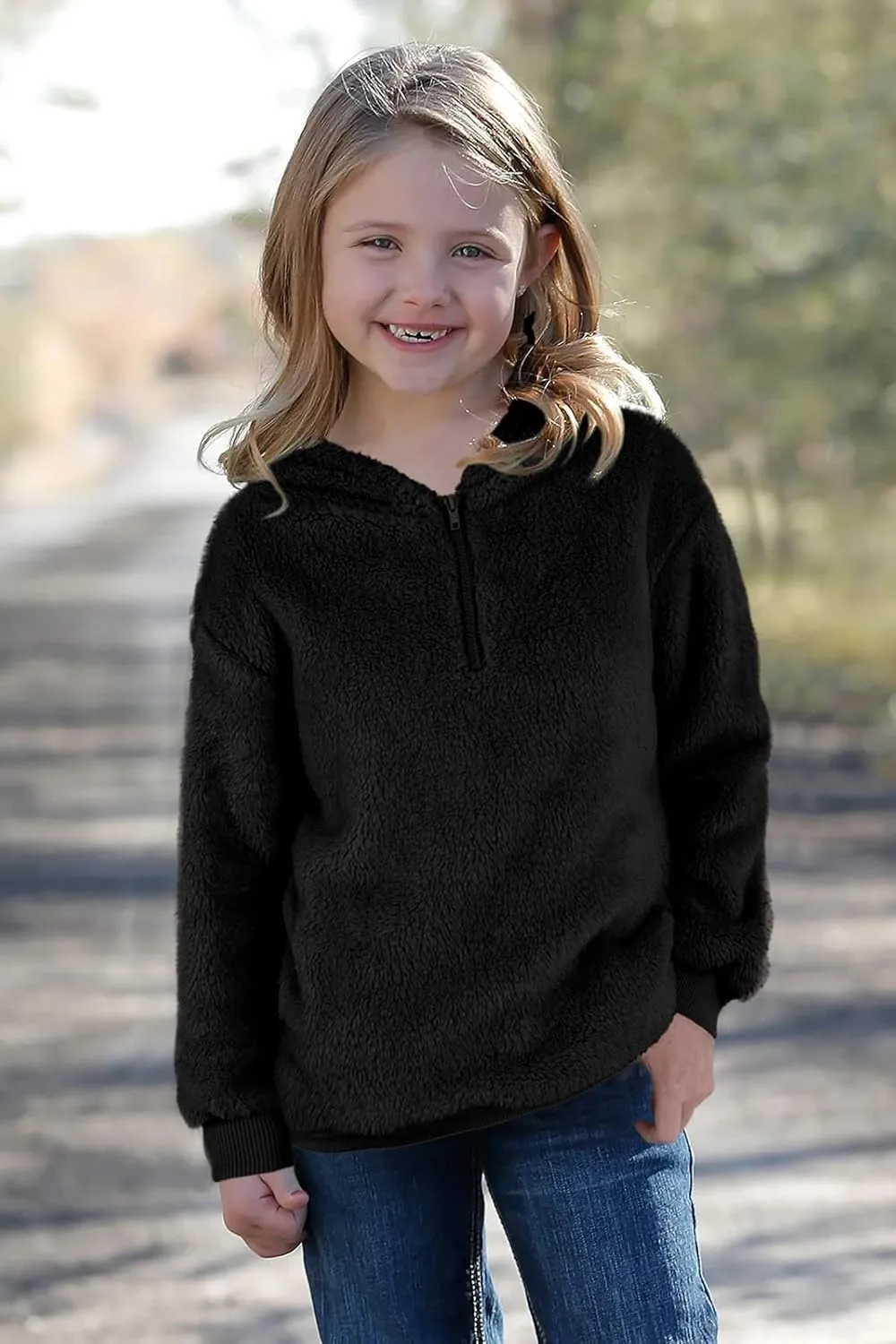 Ofenbuy Kids Girl's Fuzzy Hoodies Zipper Warm Loose Sherpa Hooded Sweatshirt Pullover With Pockets