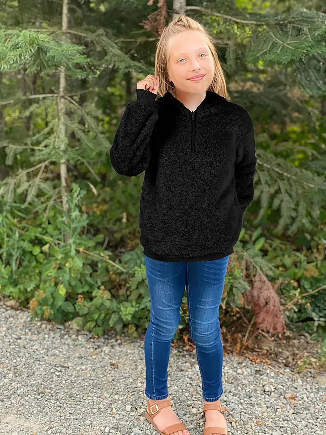 Ofenbuy Kids Girl's Fuzzy Hoodies Zipper Warm Loose Sherpa Hooded Sweatshirt Pullover With Pockets